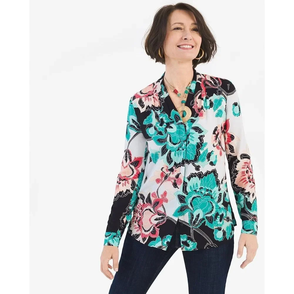 Chico’s Multicolor Floral Long Sleeve Button Front Blouse Medium‎